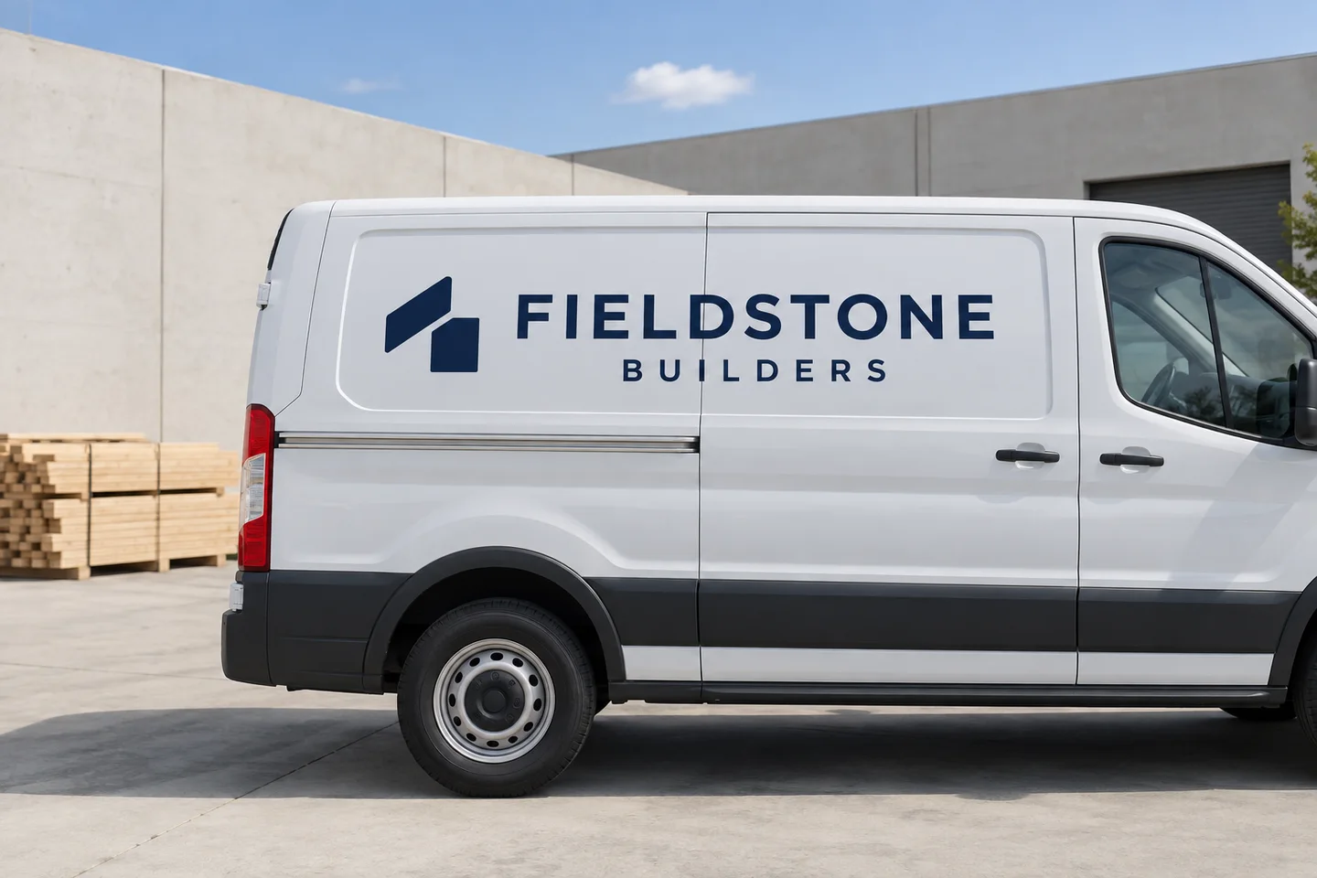 Daylight concept visualization for the fictional Fieldstone Builders contractor van lettering
